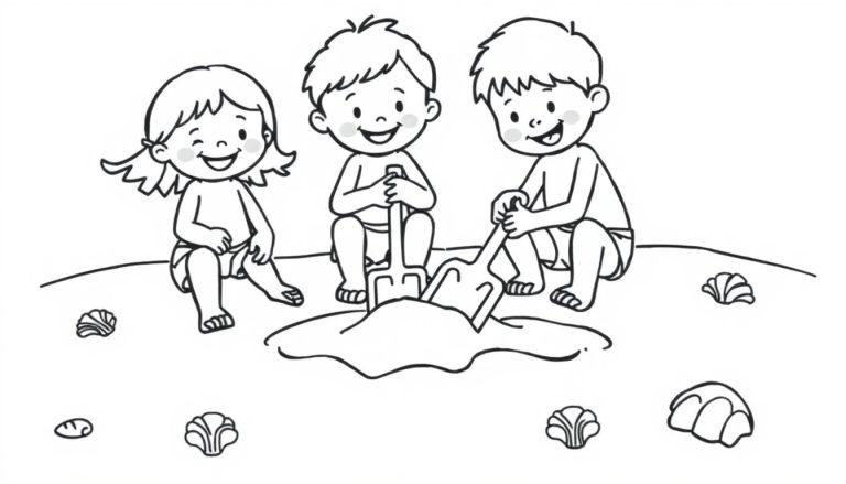 Kleurplaat van kinderen met een schep en emmer op het strand met schelpen.