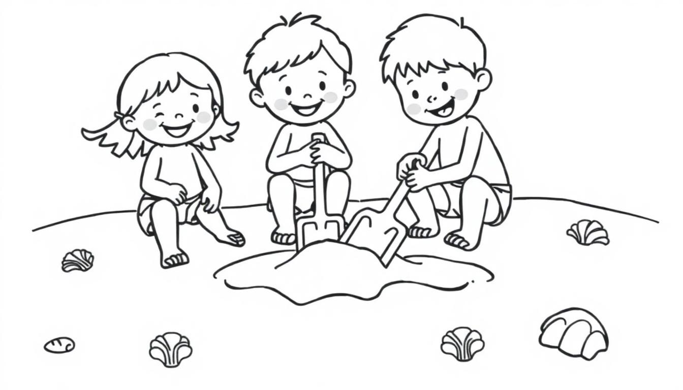 Kleurplaat van kinderen met een schep en emmer op het strand met schelpen.