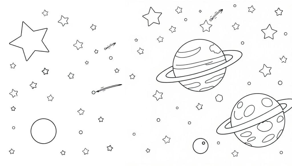 Kleurplaat van sterren, planeten en vallende sterren, klaar om in te kleuren.