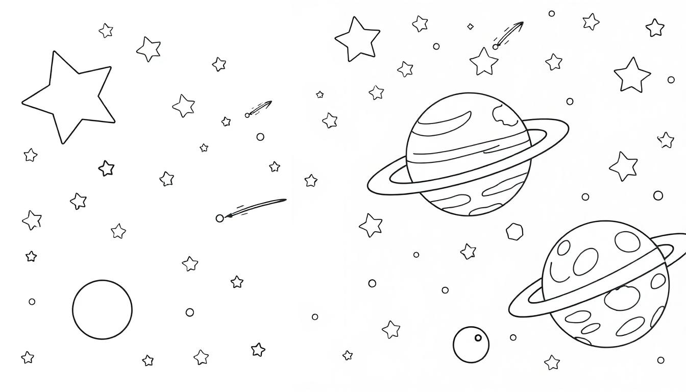 Kleurplaat van sterren, planeten en vallende sterren, klaar om in te kleuren.