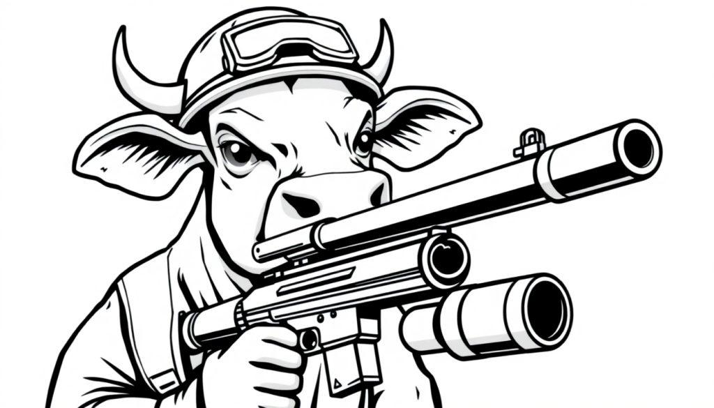 Kleurplaat van een dappere koe met een minigun.