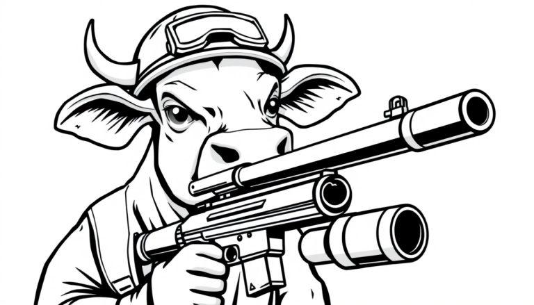 Kleurplaat van een dappere koe met een minigun.