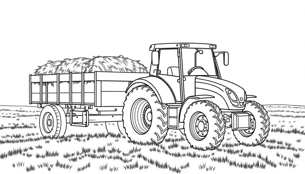 Een kleurplaat van een tractor die een kar gevuld met hooi trekt.
