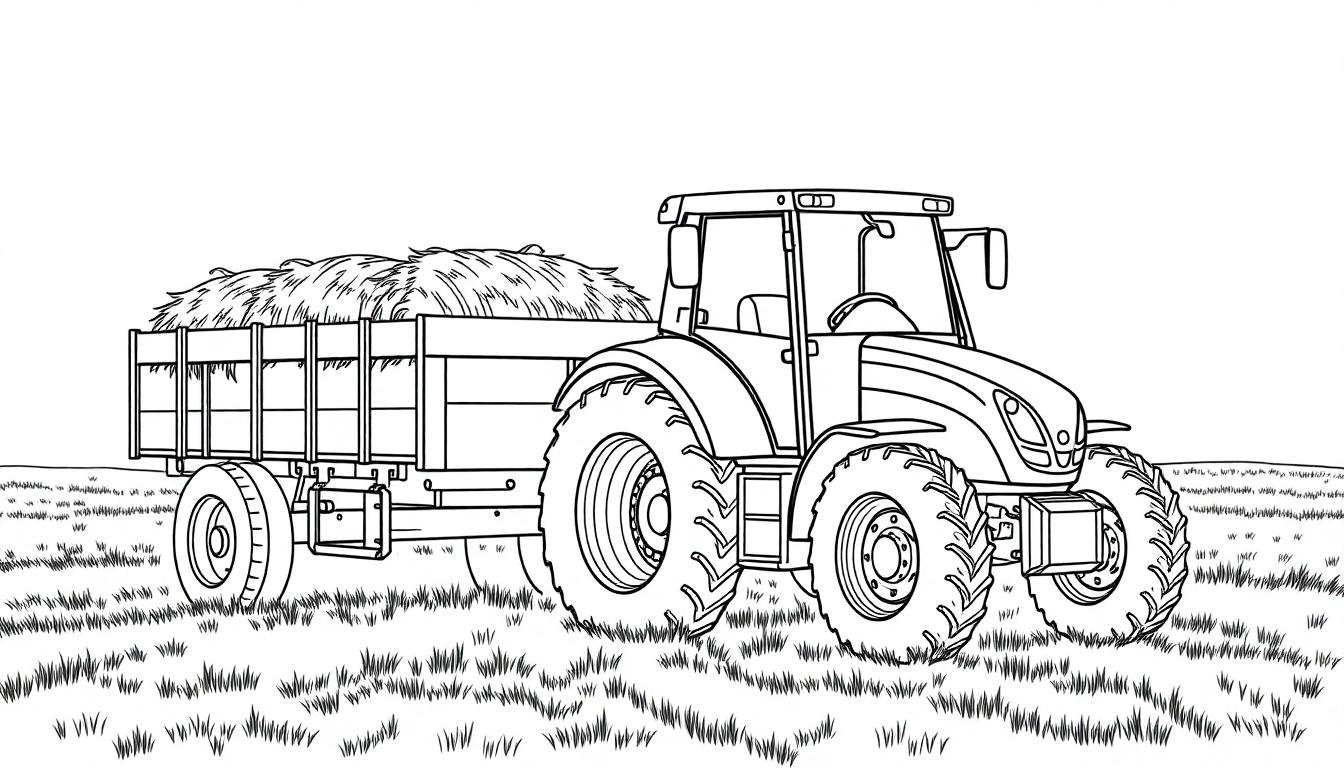 Een kleurplaat van een tractor die een kar gevuld met hooi trekt.