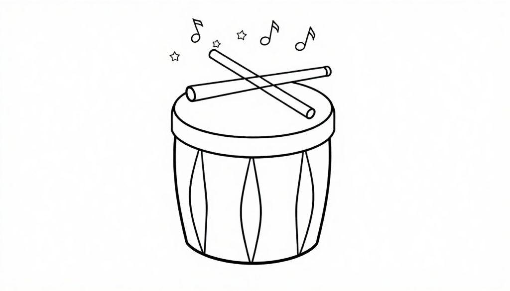 Kleurplaat van een trommel met muzieknoten erboven.