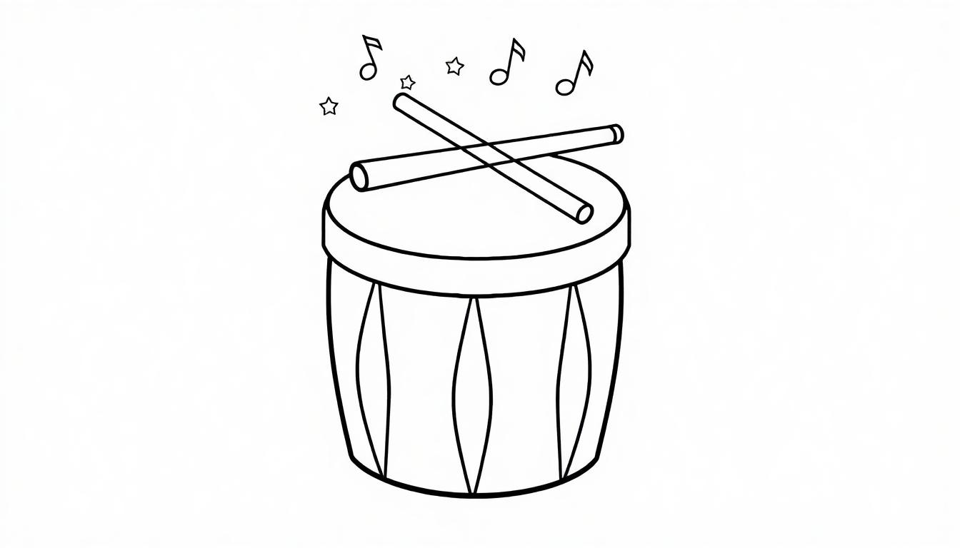 Kleurplaat van een trommel met muzieknoten erboven.