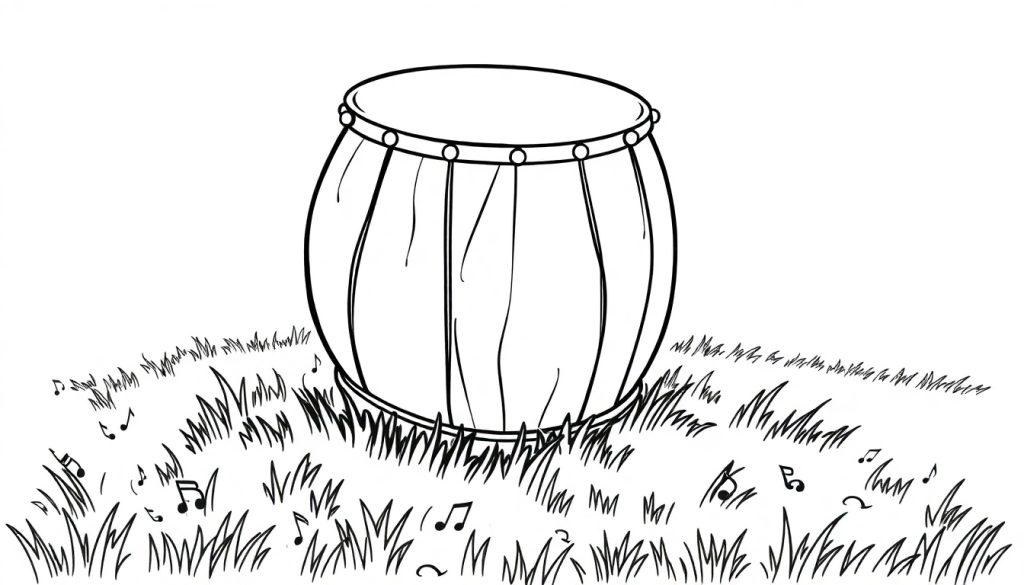 Kleurplaat van een trommel in het gras met muzieknoten eromheen.
