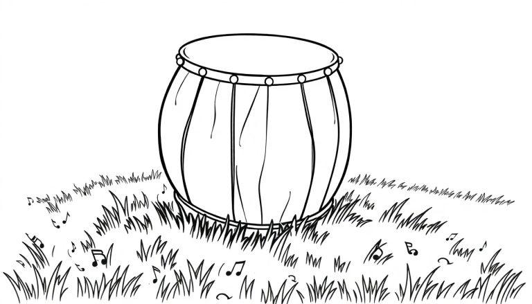 Kleurplaat van een trommel in het gras met muzieknoten eromheen.