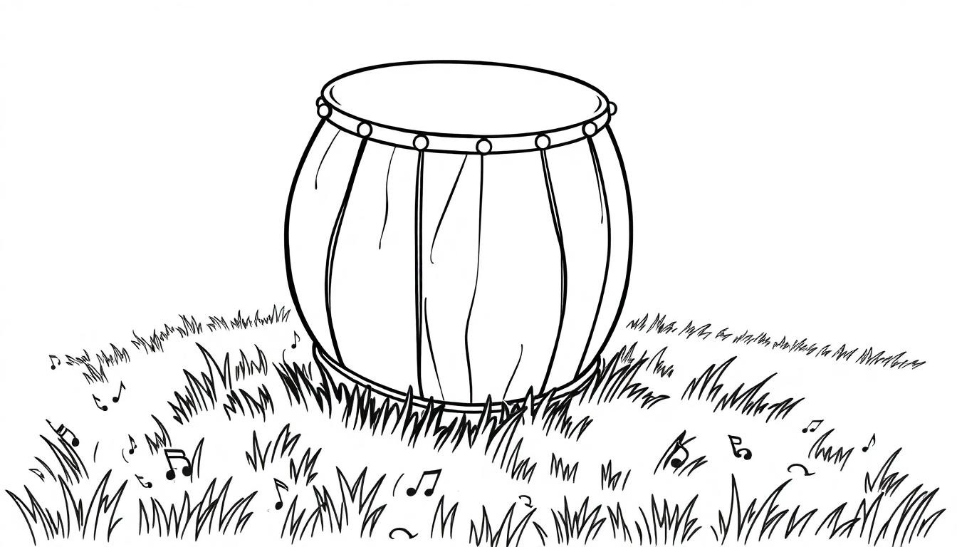 Kleurplaat van een trommel in het gras met muzieknoten eromheen.