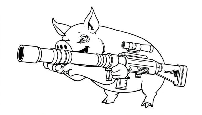 Kleurplaat van een grappig varken dat een grote minigun vasthoudt.
