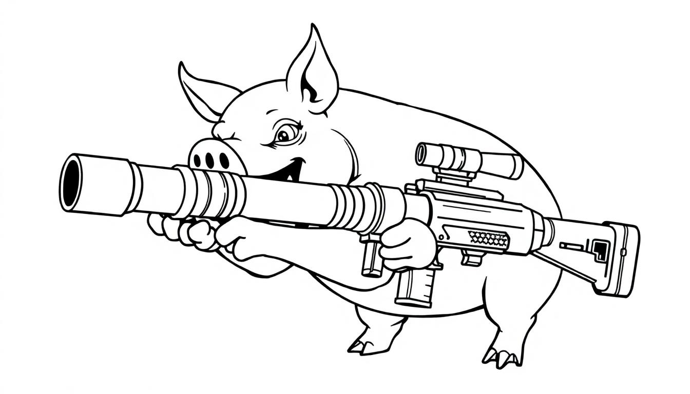 Kleurplaat van een grappig varken dat een grote minigun vasthoudt.