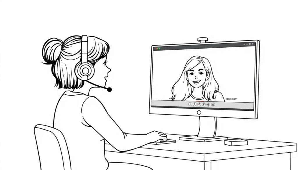 Een kleurplaat van een meisje met een headset dat achter een computer zit en videobelt met een vriendinnetje.