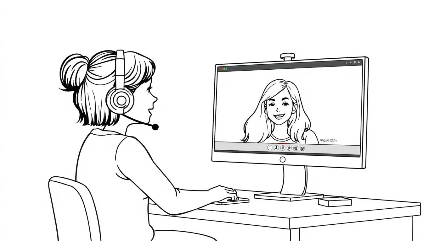 Een kleurplaat van een meisje met een headset dat achter een computer zit en videobelt met een vriendinnetje.