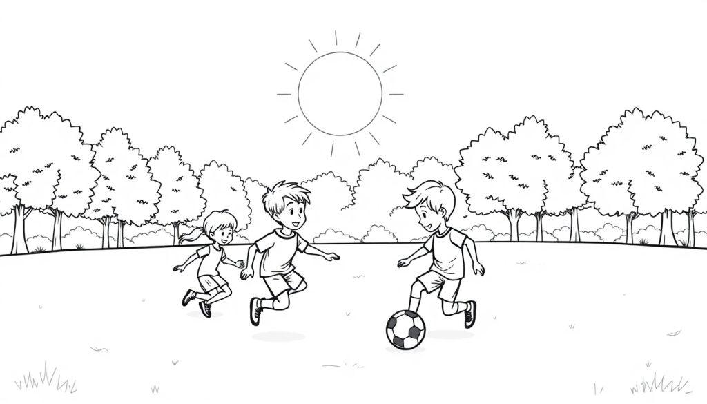 Kleurplaat van spelende kinderen op een voetbalveld met een zon en bomen op de achtergrond.