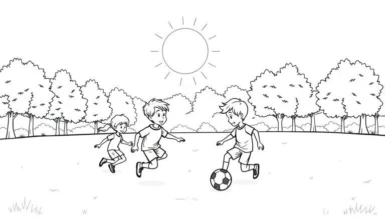 Kleurplaat van spelende kinderen op een voetbalveld met een zon en bomen op de achtergrond.