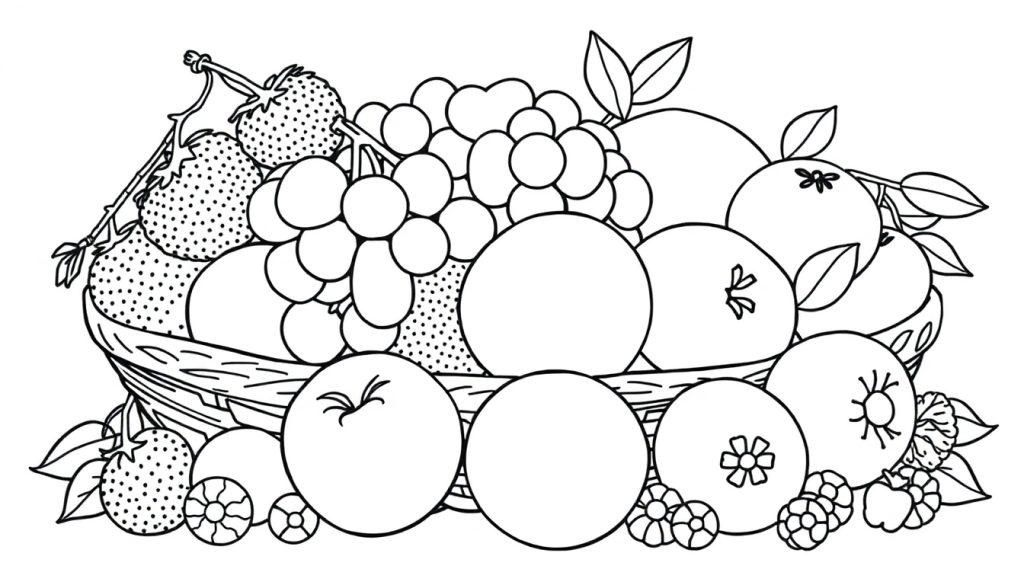 Een kleurplaat van een mand vol fruit, met druiven, aardbeien, sinaasappels en meer.