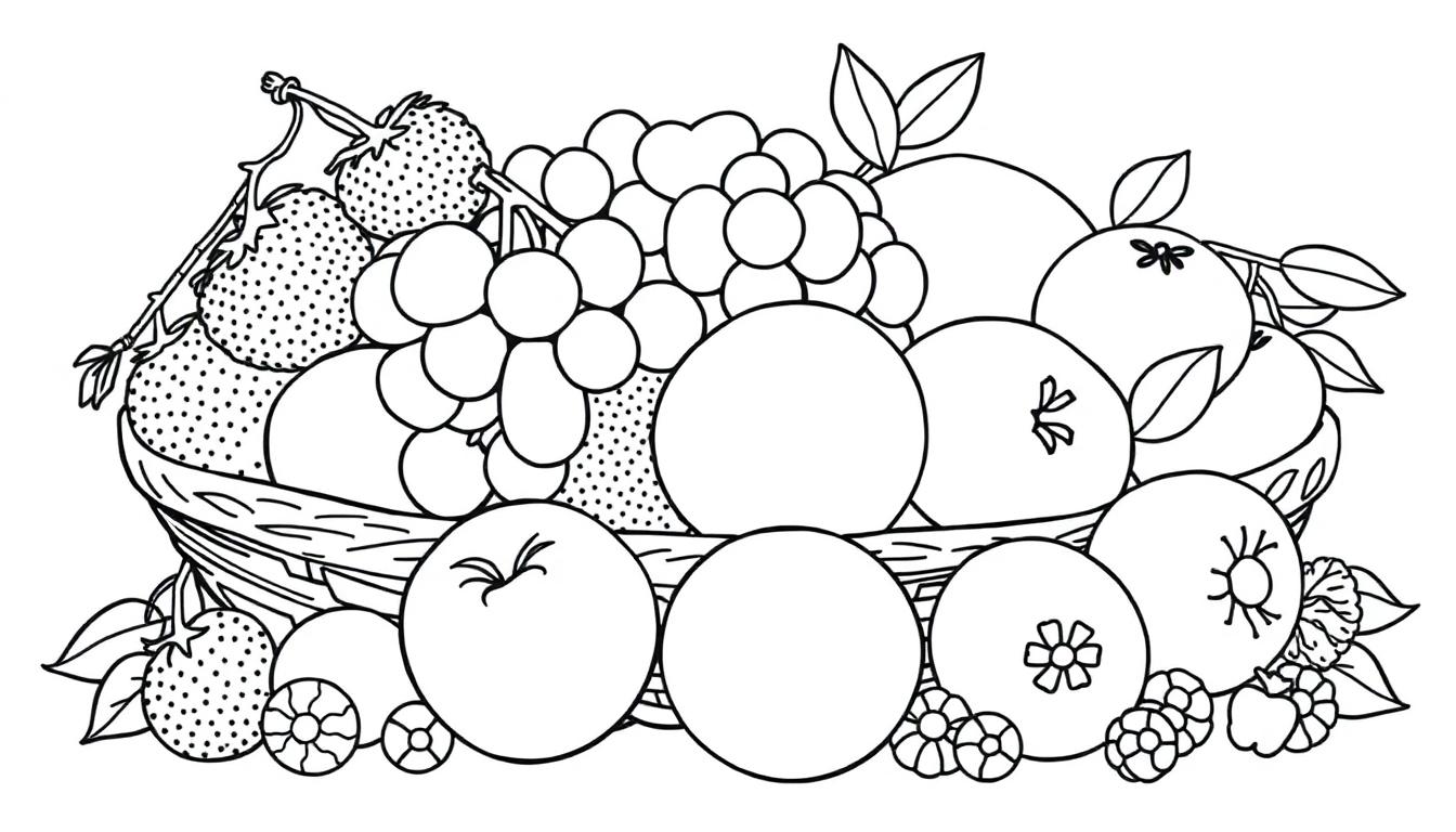 Een kleurplaat van een mand vol fruit, met druiven, aardbeien, sinaasappels en meer.