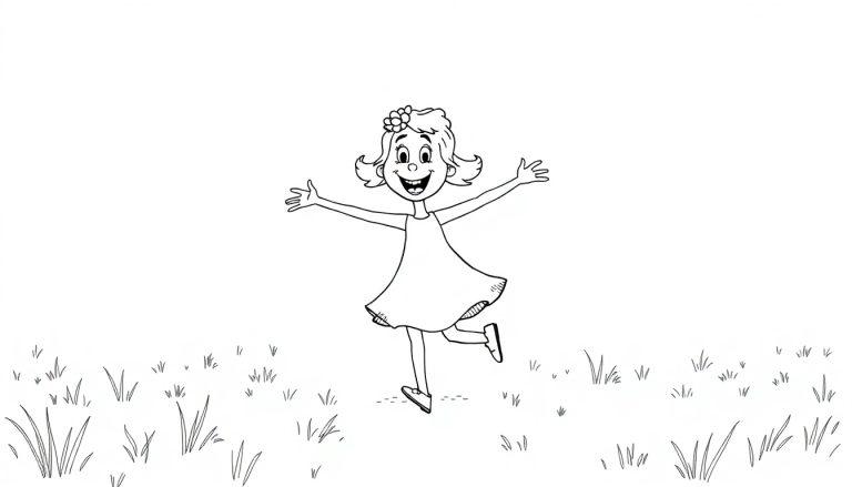 Kleurplaat van een vrolijk meisje dat buiten rent met uitgestrekte armen.