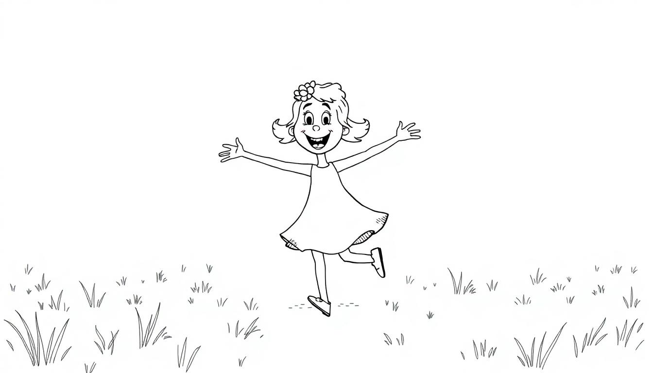 Kleurplaat van een vrolijk meisje dat buiten rent met uitgestrekte armen.