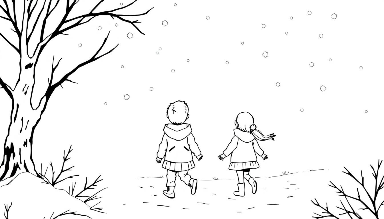 Kleurplaat van een jongen en meisje die door een sneeuwlandschap lopen.