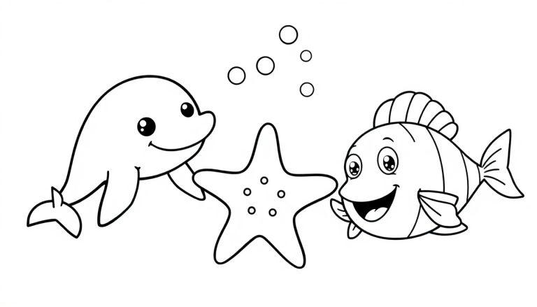 Kleurplaat van Zeevriendjes met een vrolijke dolfijn, een lachende vis en een zeester.