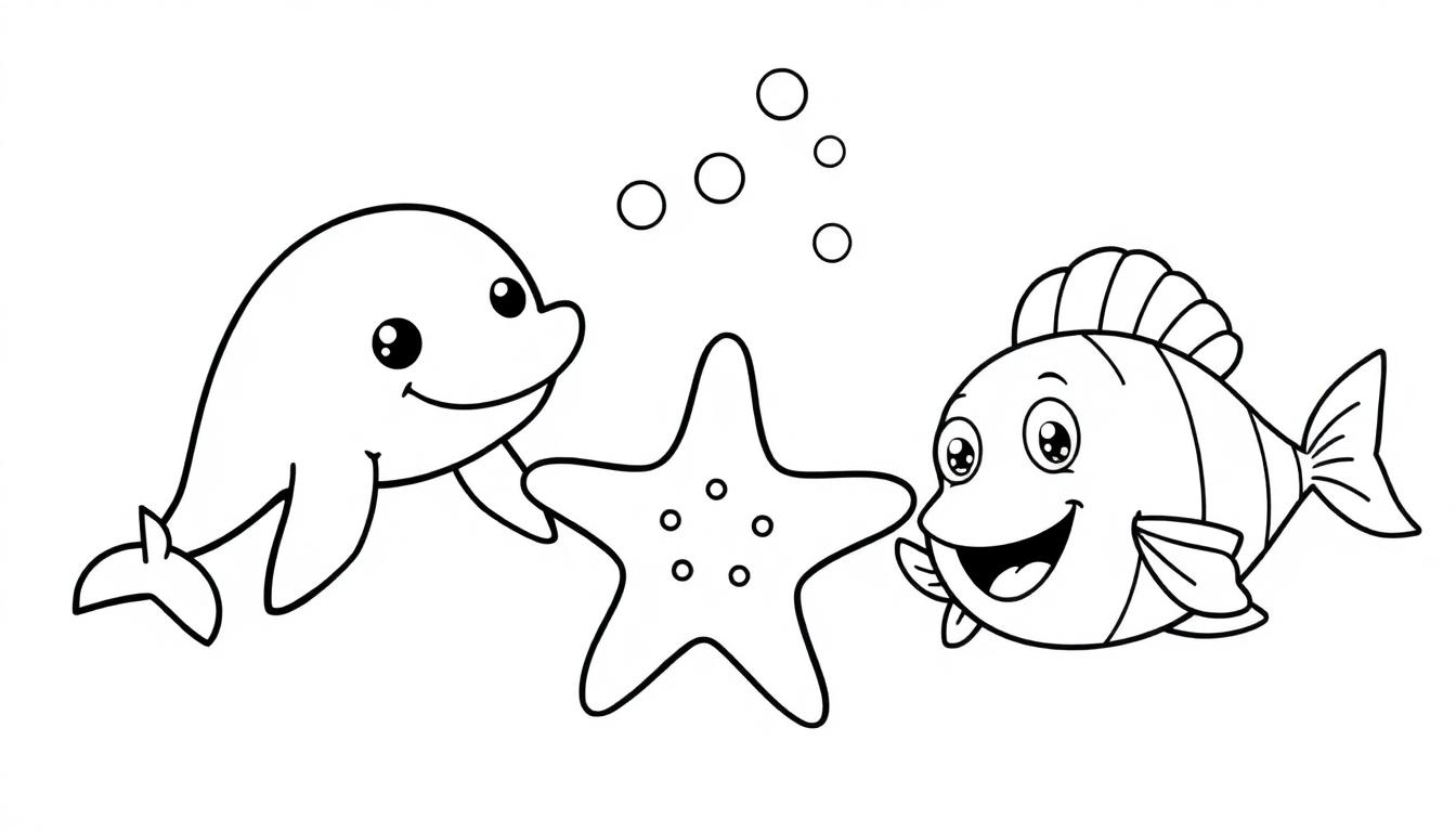 Kleurplaat van Zeevriendjes met een vrolijke dolfijn, een lachende vis en een zeester.