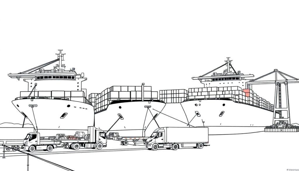 Een kleurplaat van grote vrachtschepen in een haven met vrachtwagens op de kade.