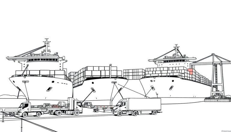 Een kleurplaat van grote vrachtschepen in een haven met vrachtwagens op de kade.