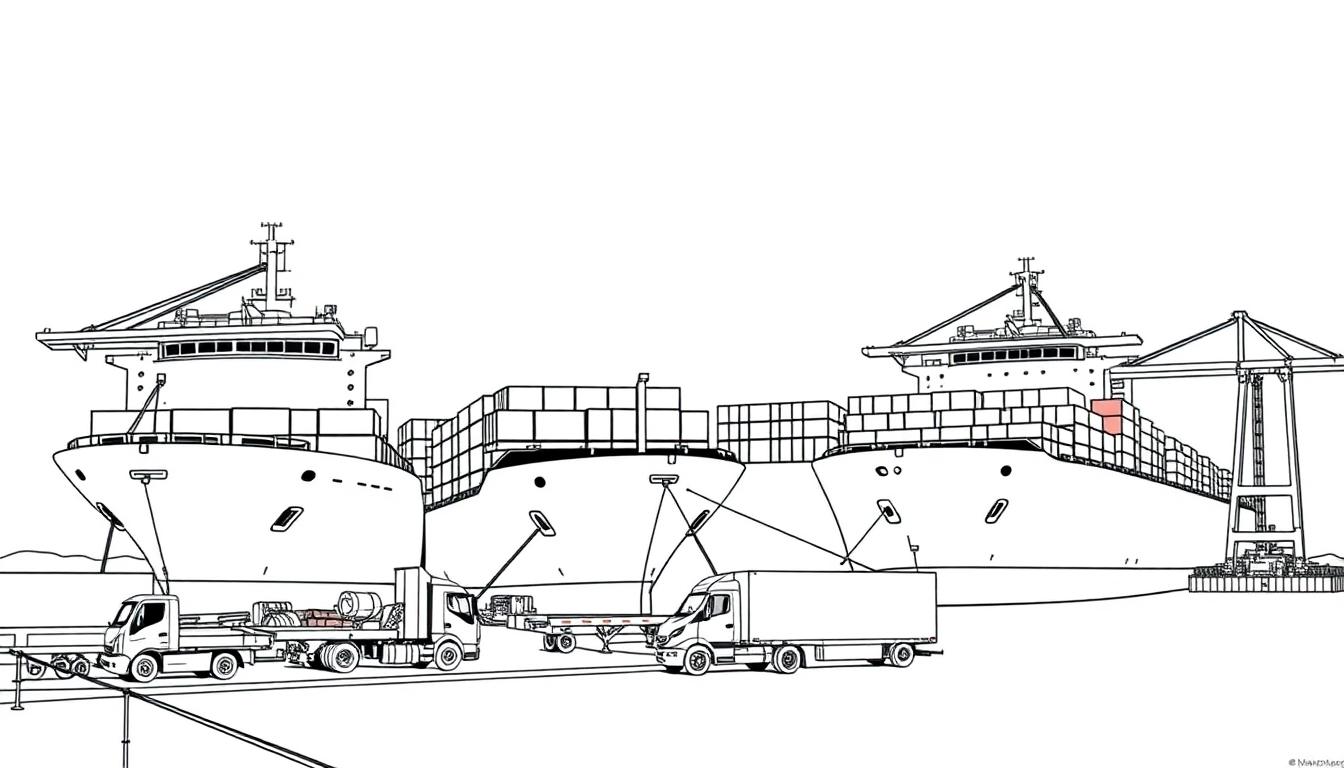 Een kleurplaat van grote vrachtschepen in een haven met vrachtwagens op de kade.