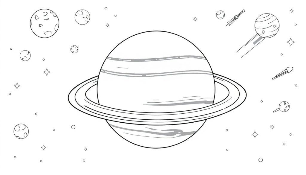 Kleurplaat van een grote planeet met ringen, omringd door sterren en kleine planeten.