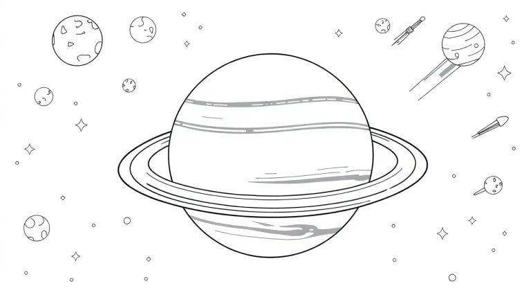 Kleurplaat van een grote planeet met ringen, omringd door sterren en kleine planeten.