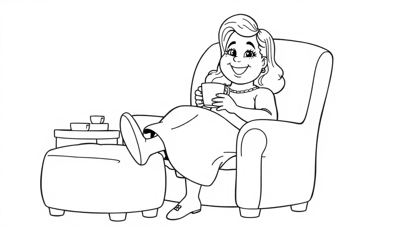 Een kleurplaat van een vrolijke vrouw die ontspant in een stoel met een kopje in haar hand.