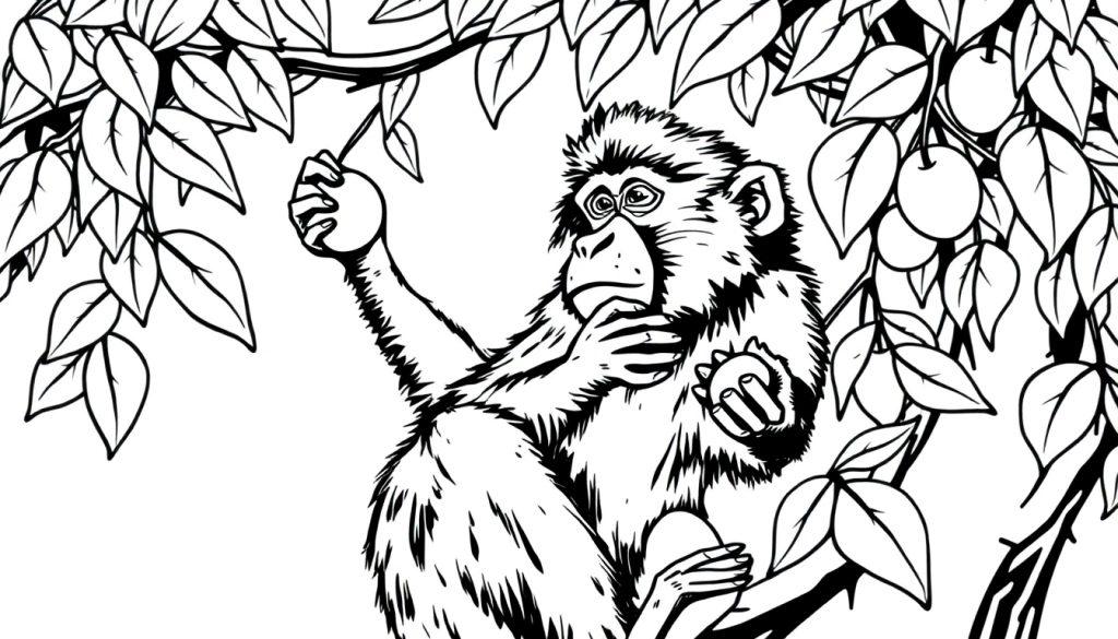 Kleurplaat van een baviaan in een boom met takken en bladeren.