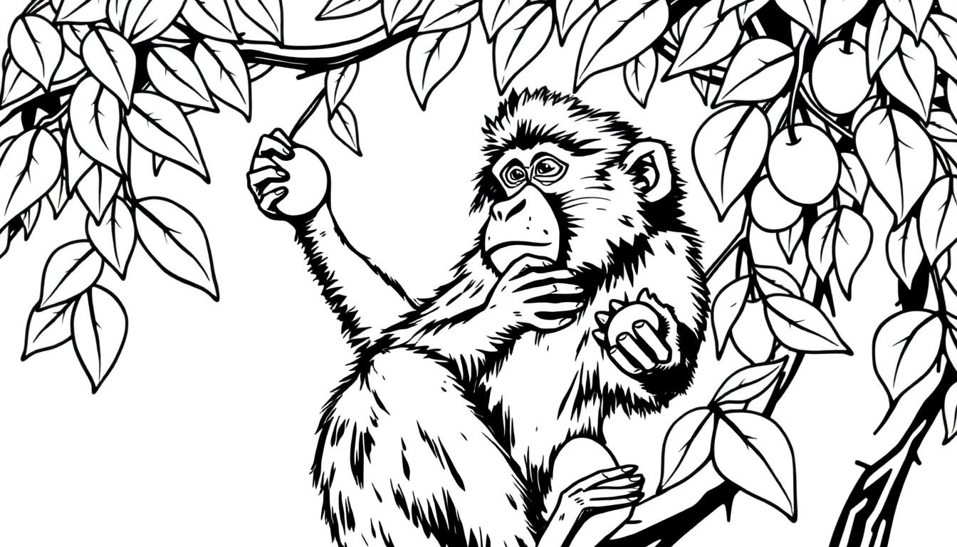 Kleurplaat van een baviaan in een boom met takken en bladeren.