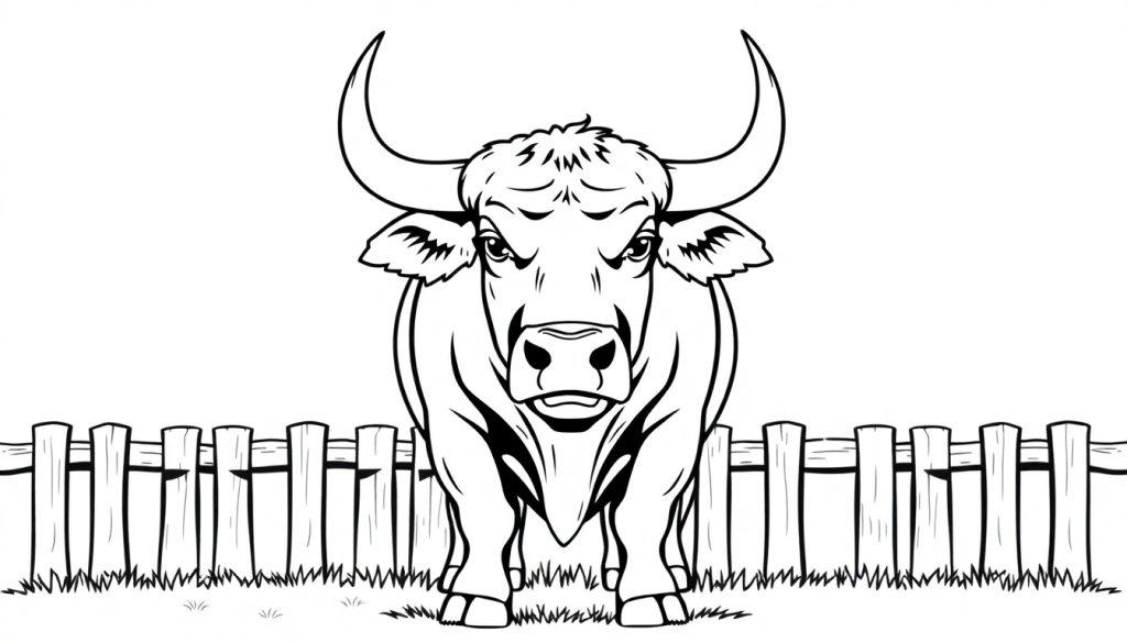 Kleurplaat van een grote stier achter een hek.