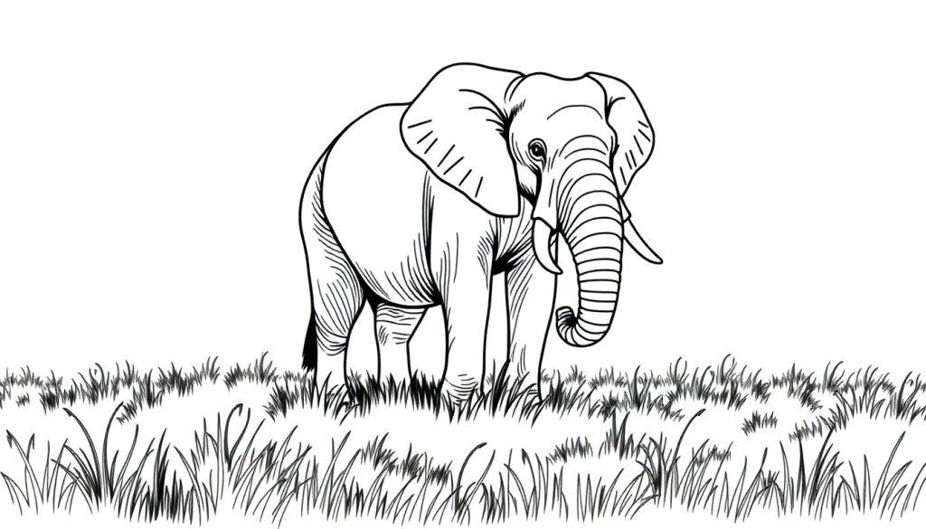 Een zwart-wit kleurplaat van een olifant die in het gras staat.