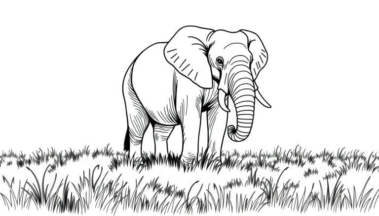 Een zwart-wit kleurplaat van een olifant die in het gras staat.