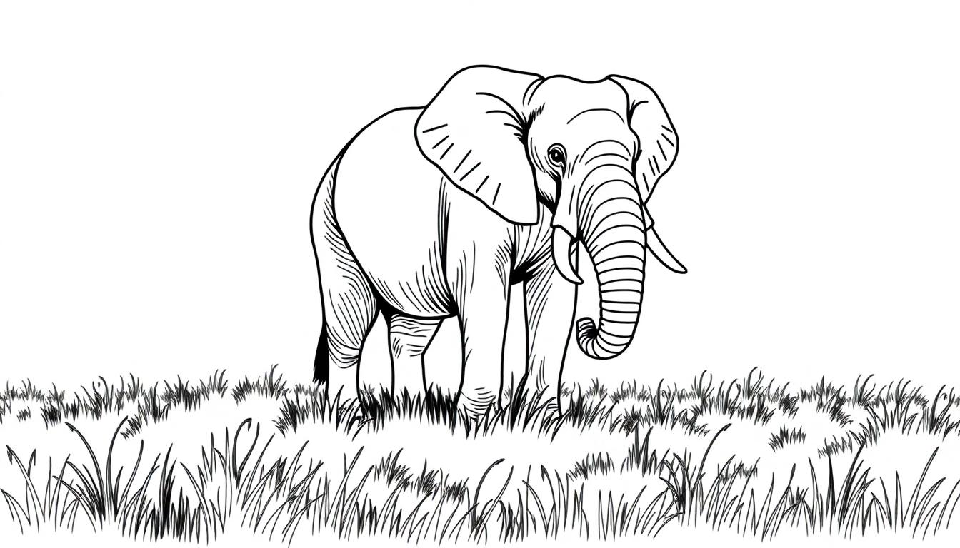 Een zwart-wit kleurplaat van een olifant die in het gras staat.