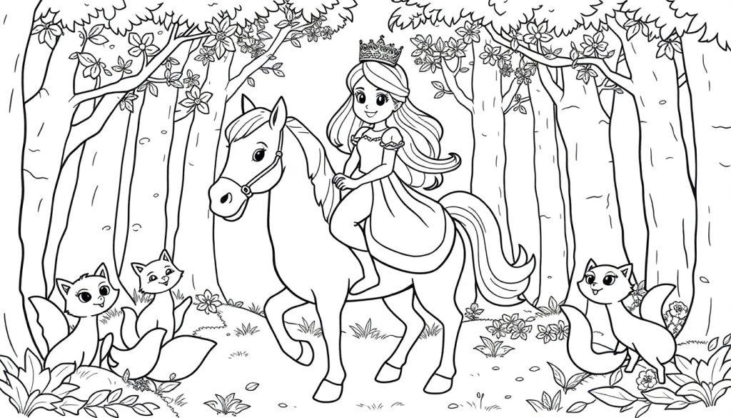 Kleurplaat van een lachende prinses op een paard in een bos met dieren zoals vosjes en eekhoorns.