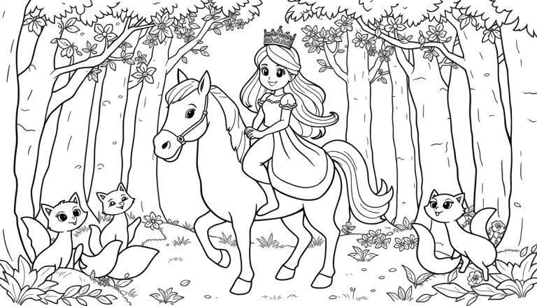 Kleurplaat van een lachende prinses op een paard in een bos met dieren zoals vosjes en eekhoorns.