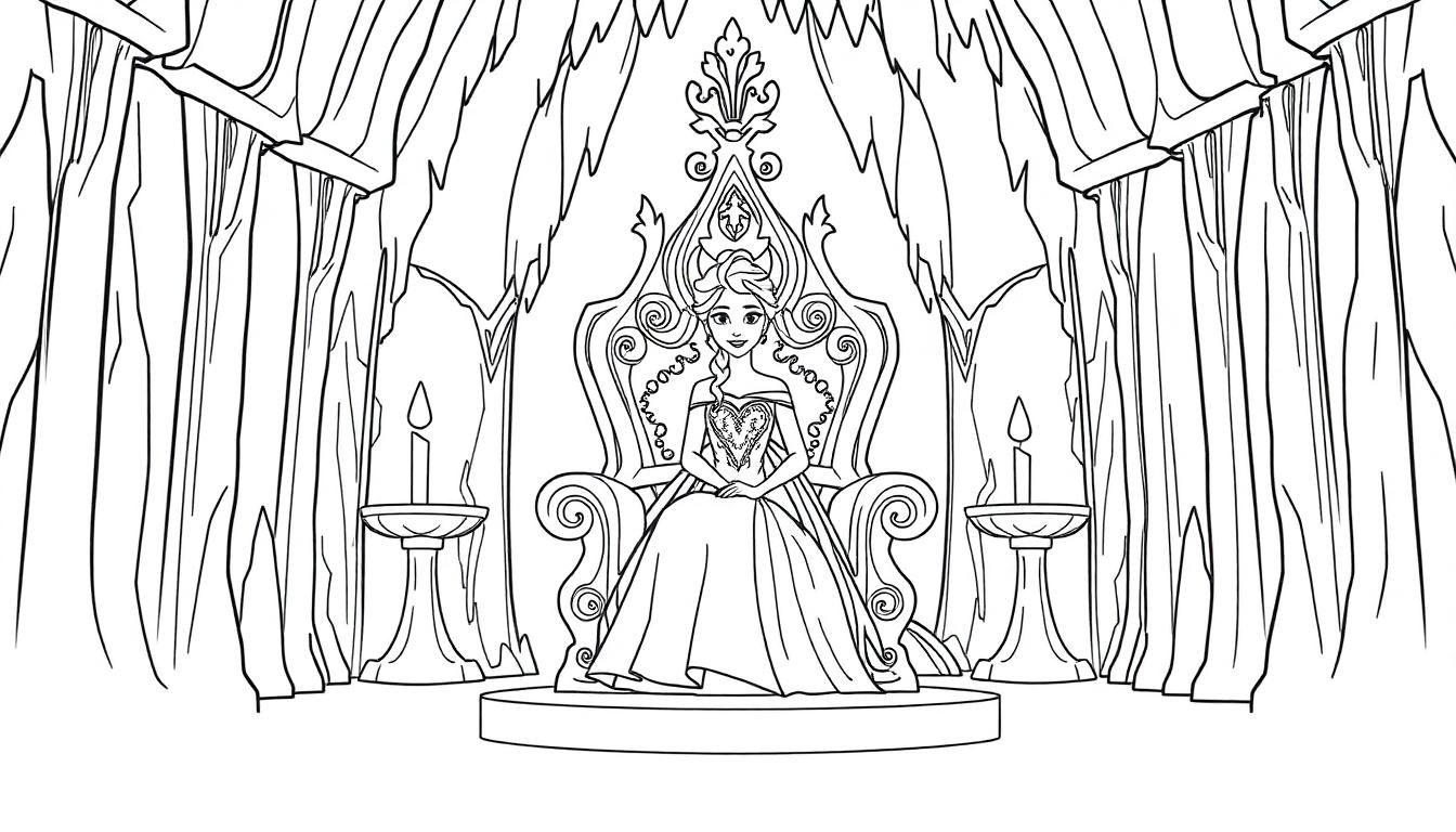 Kleurplaat van een prinses die op een troon zit in een ijzig kasteel.