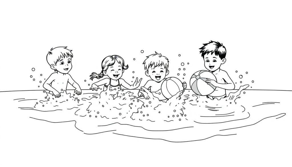 Kleurplaat van kinderen die in een zwembad spelen met een strandbal.