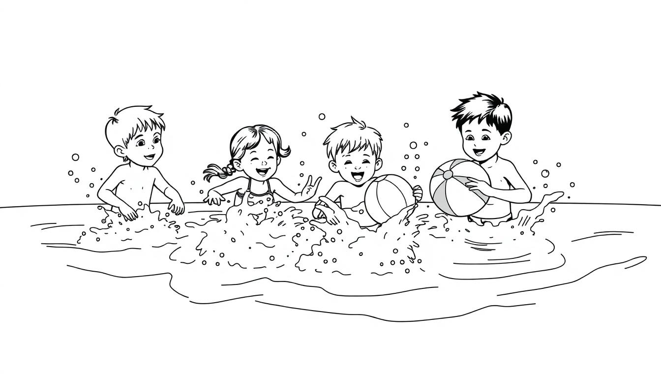 Kleurplaat van kinderen die in een zwembad spelen met een strandbal.