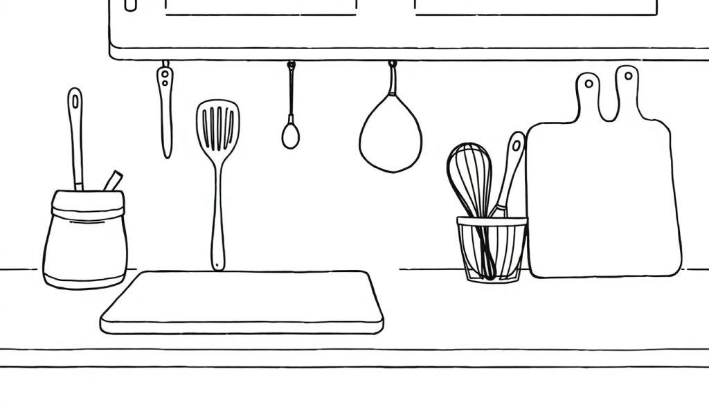 Kleurplaat van een keuken met keukengerei zoals een spatel, garde en snijplank.
