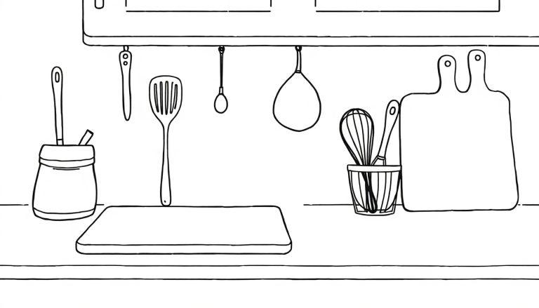 Kleurplaat van een keuken met keukengerei zoals een spatel, garde en snijplank.