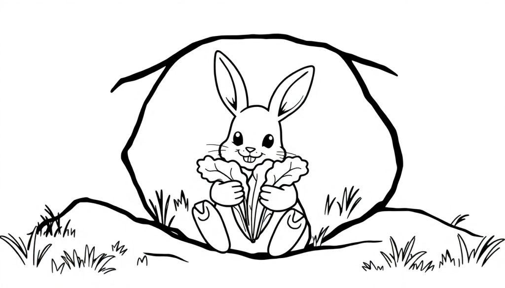 Een vrolijk konijn met sla in zijn hol als kleurplaat.