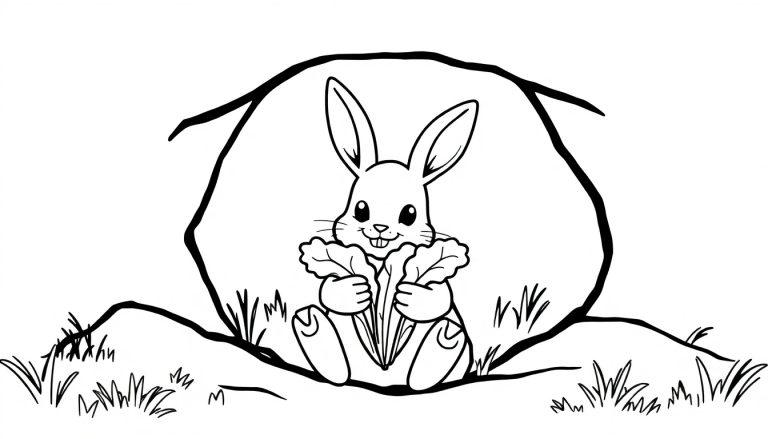 Een vrolijk konijn met sla in zijn hol als kleurplaat.