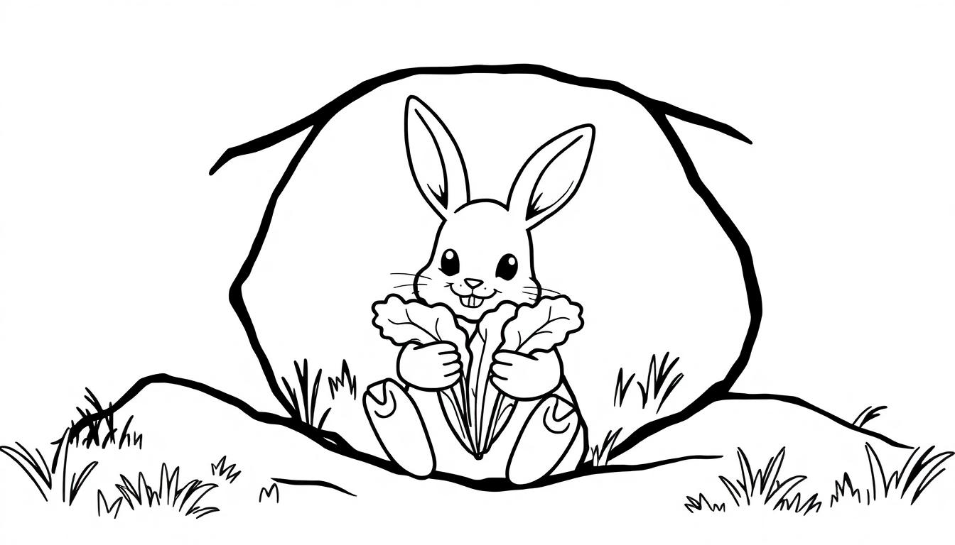 Een vrolijk konijn met sla in zijn hol als kleurplaat.
