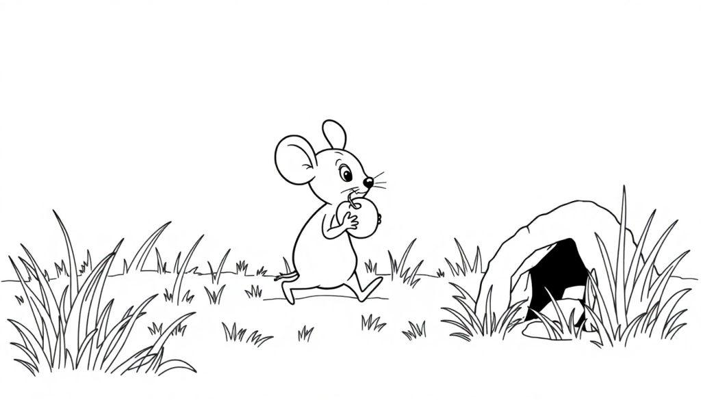 Kleurplaat van een muis met een appel die een grot nadert.