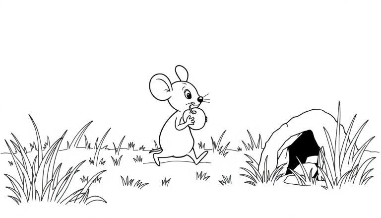 Kleurplaat van een muis met een appel die een grot nadert.